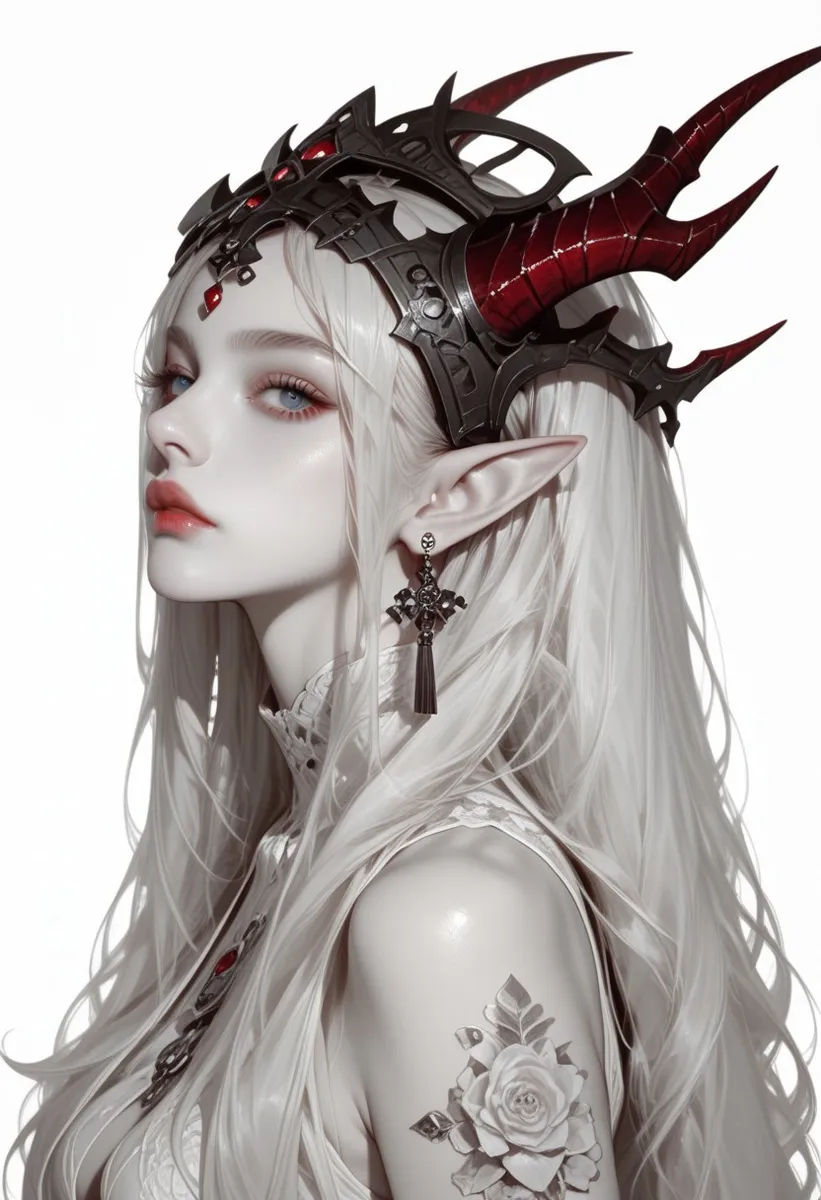 Side portrait of an elf girl with long white hair, red horns mounted on a black fantasy crown, blue eyes, intricate earrings, and a white rose tattoo on her shoulder