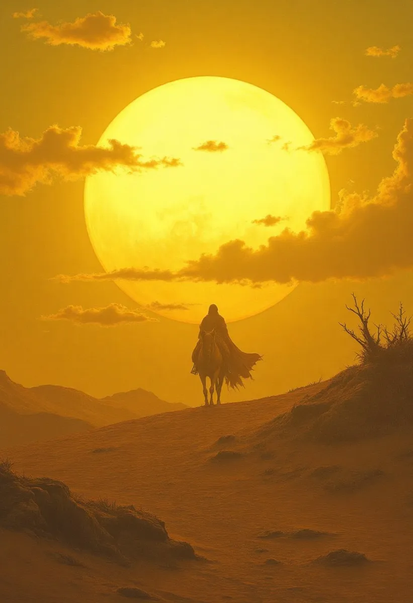 A hyperrealistic cinematic scene featuring a lone rider on horseback silhouetted against a massive yellow sun setting behind dramatic clouds in a desert landscape.