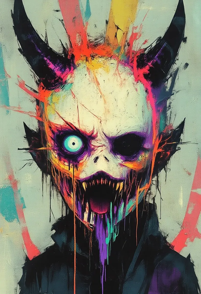 Surreal portrait of a skeletal figure with large dark horns, glowing pale blue eye, vivid paint streaks, and a jagged mouth made of sharp teeth.
