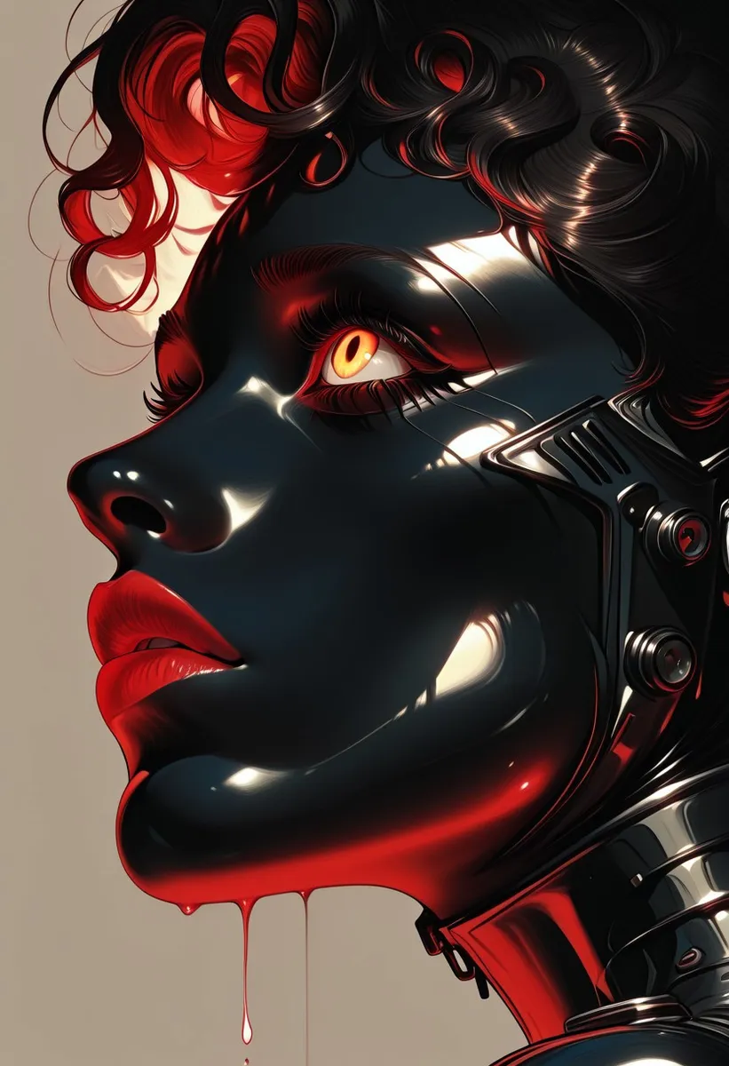Close-up cyber-noir portrait of a red-skinned woman with piercing amber eyes, wearing a high-tech gas mask with neon reflections and volumetric shadows.