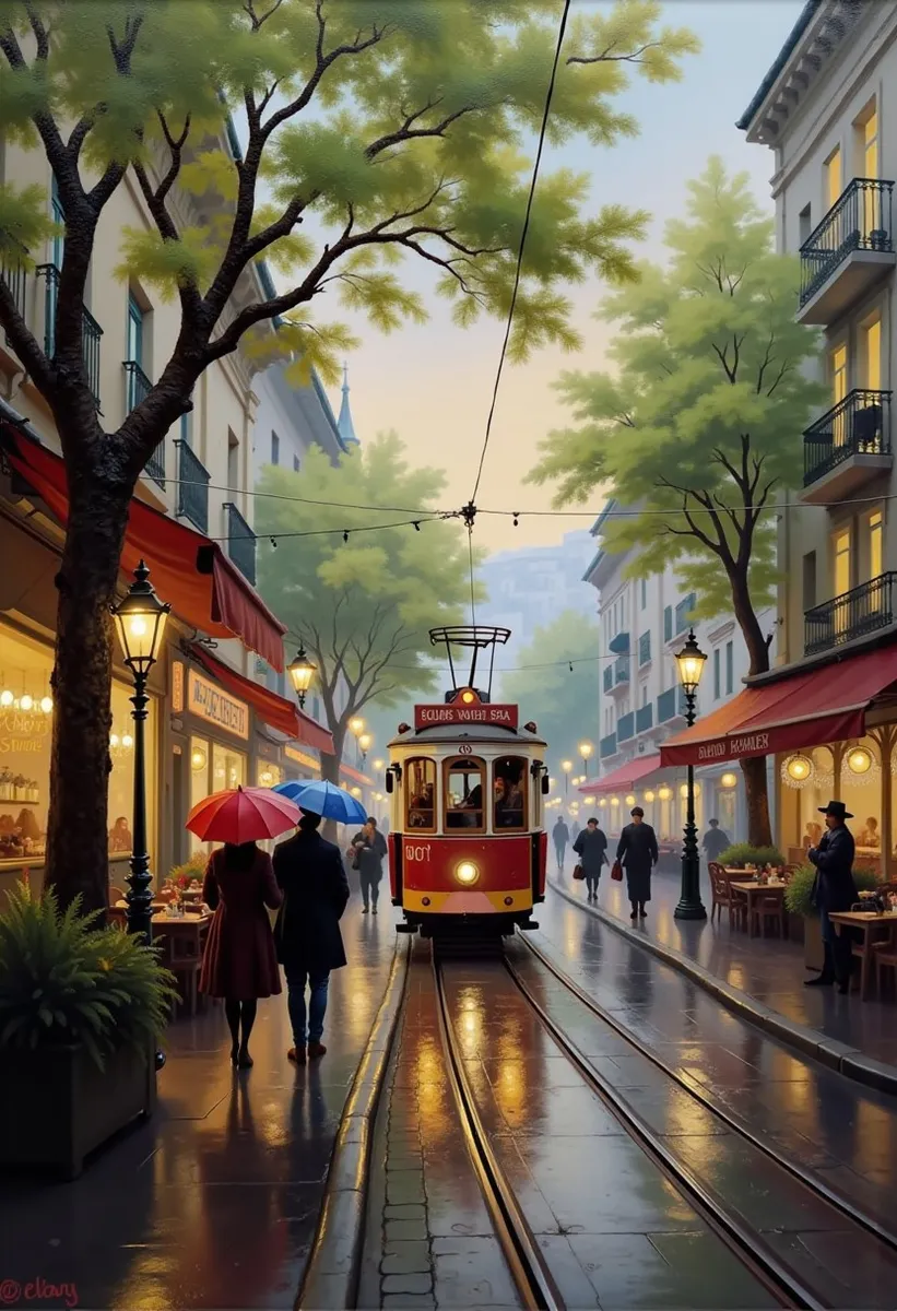 Impressionist oil painting of a spring evening on a European street with a vintage tram, chestnut trees, wet cobblestones reflecting warm lights, and people with colorful umbrellas.