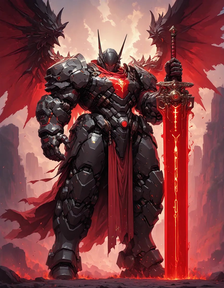 A photorealistic mecha knight clad in black armor with red glowing accents, holding a large red glowing sword, and sporting large red wings, standing on a lava-like ground with rocky cliffs in the background.