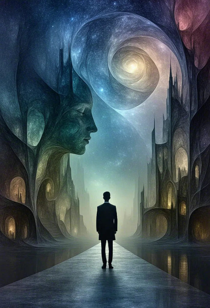 A mysterious human silhouette stands on a reflective path in a surreal cityscape of impossible Escher-like architecture with swirling volumetric light and cosmic atmosphere.
