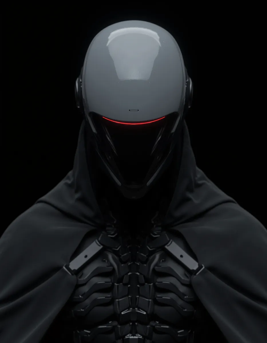 Close-up of a futuristic helmet with a sleek black visor featuring a red glowing line, paired with black cybernetic armor and a dark cape against a black background.