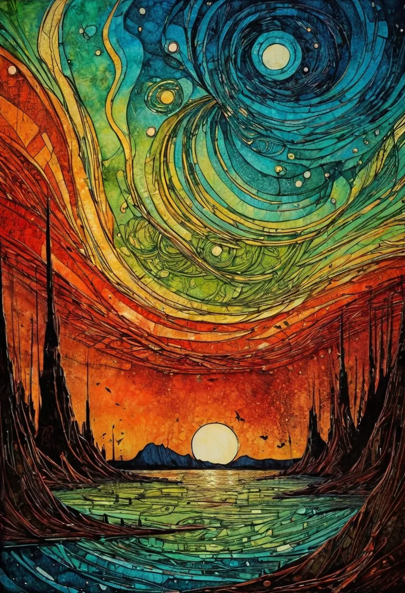 A dramatic collagraph depicting a vibrant sunset landscape with swirling sky patterns and an abstract surreal scenery, inspired by Genndy Tartakovsky's style.