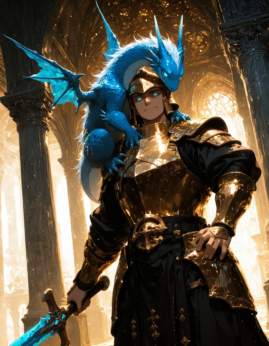 A smiling fantasy warrior clad in sleek black and ornate gold armor holding a glowing blue great sword, with a small fluffy blue dragon perched on his shoulder inside a bright temple with pillars.