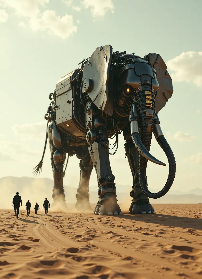 A colossal mechanical elephant made of interconnected electronic components walking across an arid desert, with a group of silhouetted humans nearby.
