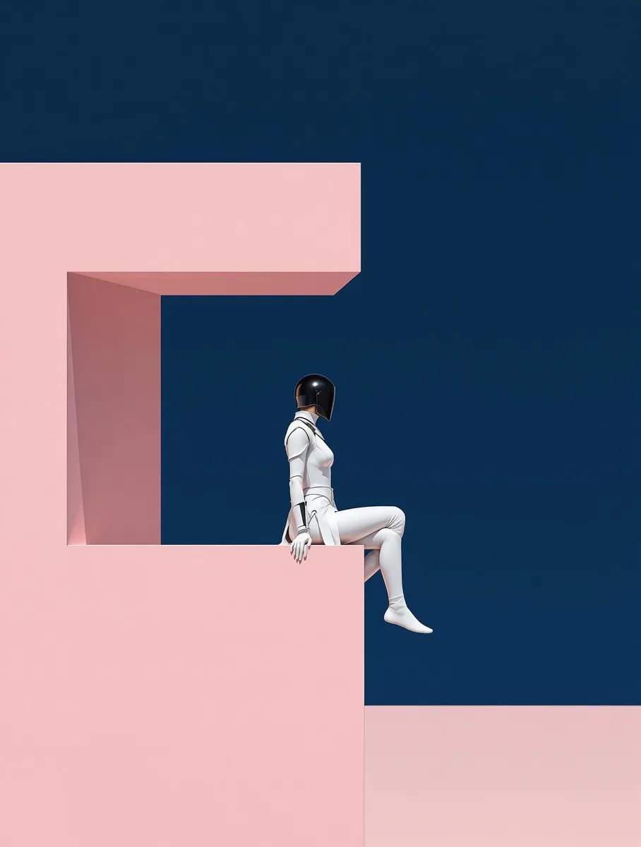 Surreal minimalist digital artwork of a female knight in sleek white armor and black helmet sitting on a pastel pink L-shaped ledge against a deep navy blue background.