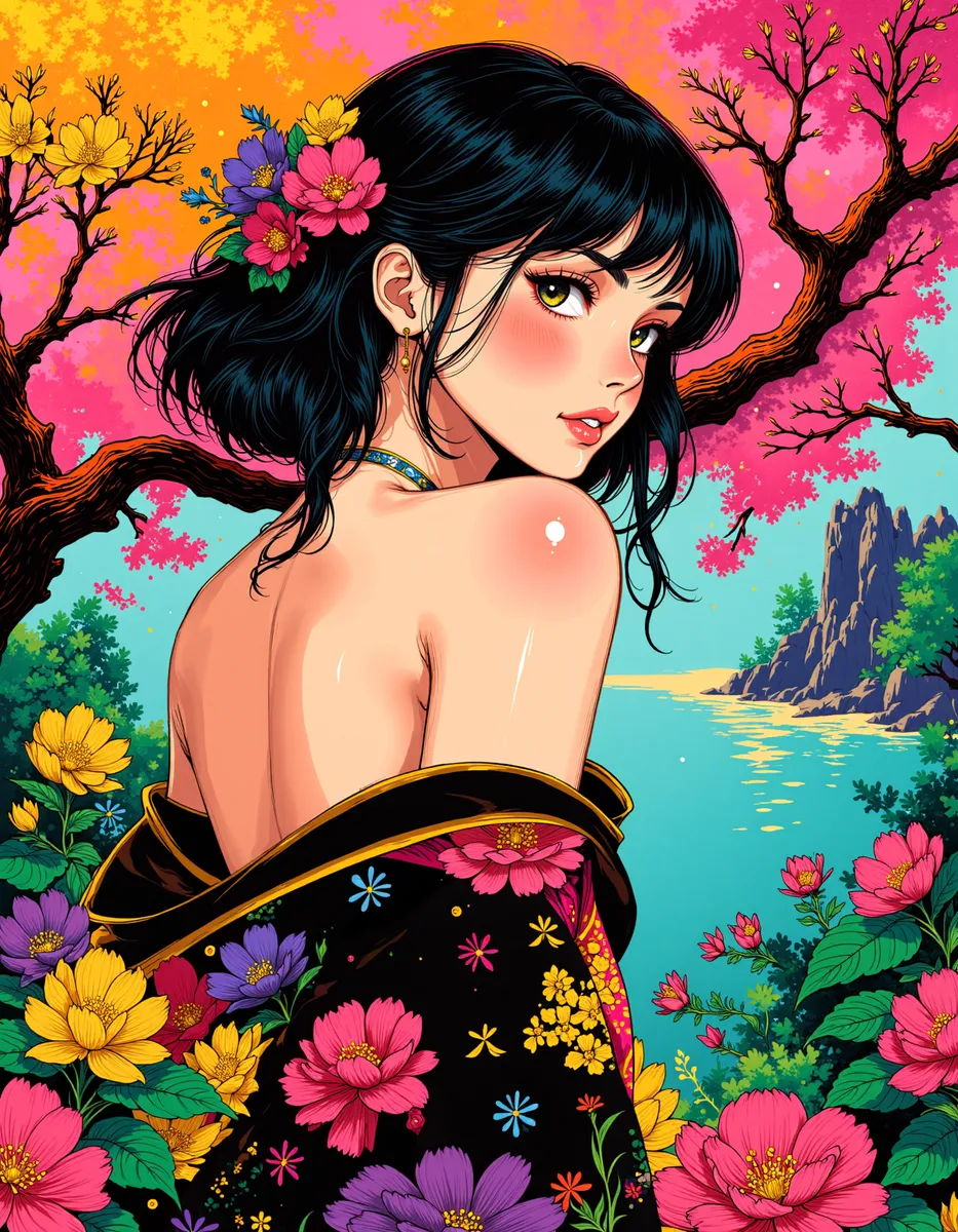 Vibrantly colored pop art of an Oriental girl with black hair adorned with flowers, looking over her shoulder amid lush spring greenery and bright blossoms, with dramatic side lighting highlighting her features.