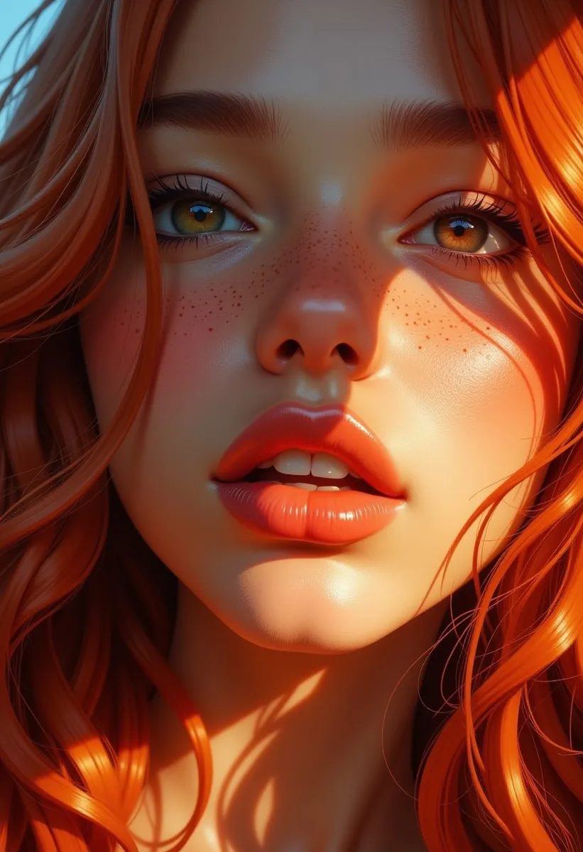 Close-up photorealistic portrait of a young woman with flowing red hair, freckles, brown eyes and warm golden lighting highlighting her natural beauty.