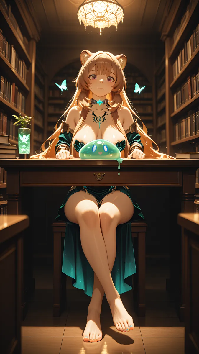 Anime-style female demon character with long strawberry blonde hair and dark skin, sitting barefoot at a library desk with a smiling green slime creature, illuminated by butterfly lighting.