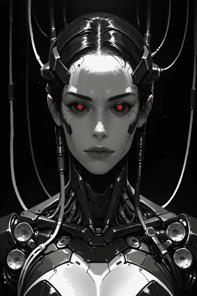 Close-up black and white portrait of a female cyborg gynoid with red glowing eyes, intricate mechanical features, exposed wiring, and a cyberpunk aesthetic.