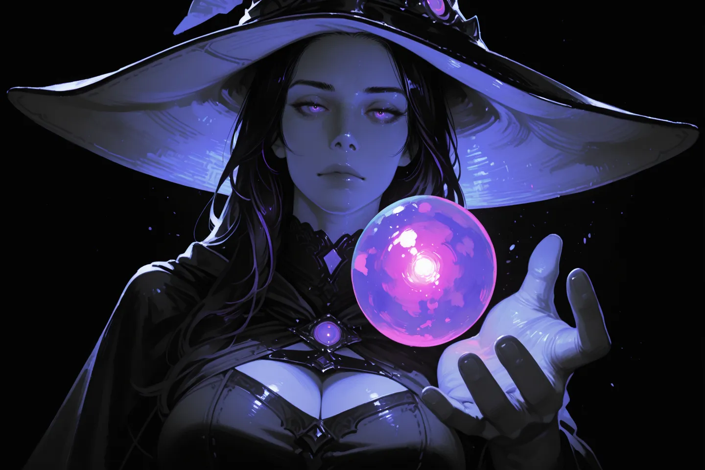Photorealistic witch with glowing purple eyes holding a luminous purple orb, wearing a wide-brimmed hat, with dynamic lighting on a black background