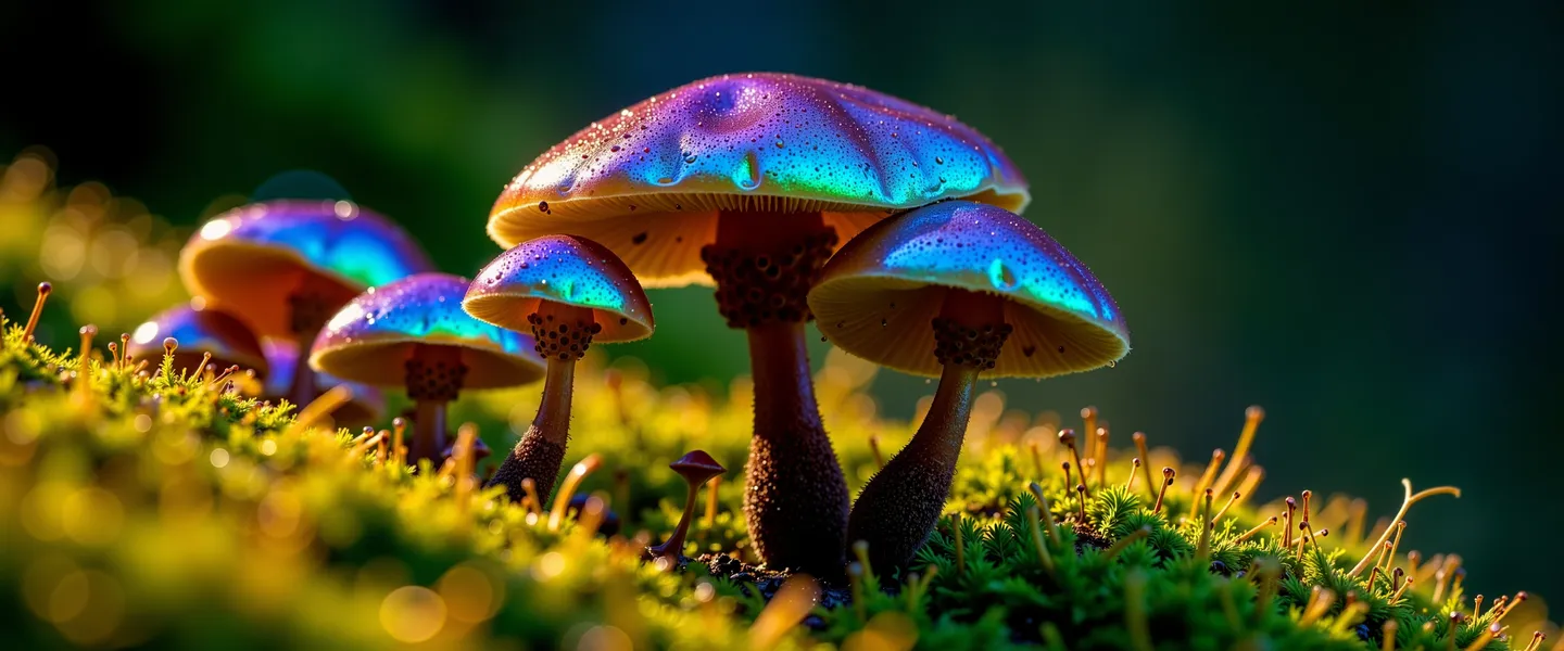 Cluster of iridescent mushrooms with dew drops on mossy forest floor under dramatic lighting and soft bokeh background.