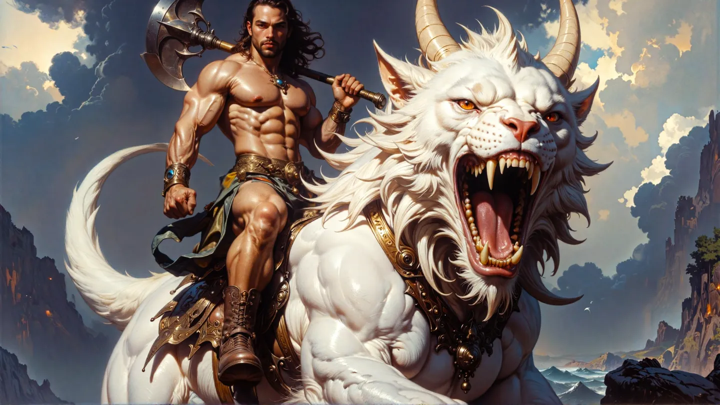 Muscular warrior with long hair holding a battle axe, riding a large white mythical lion with horns and armor, set against a dramatic sky and rocky landscape.