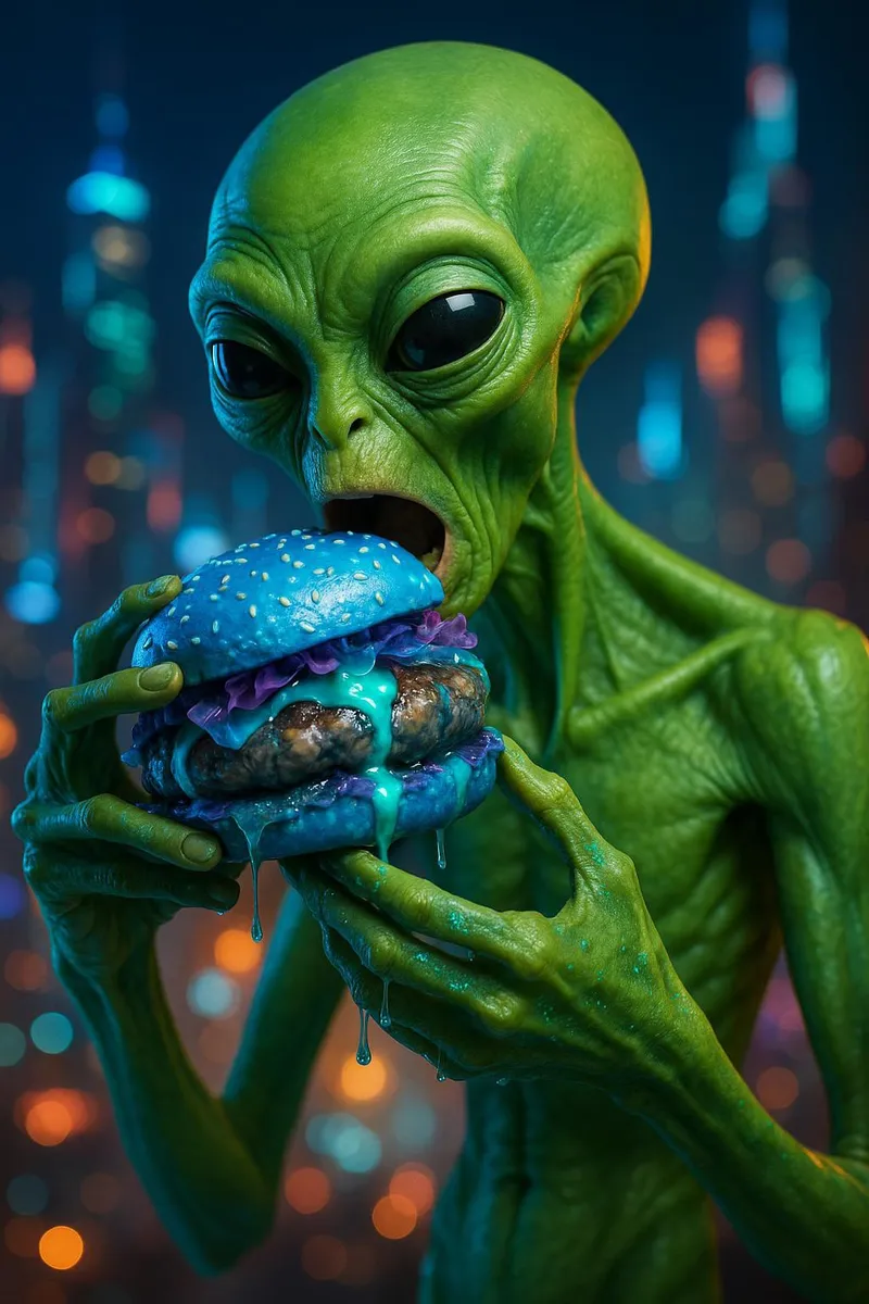 Hyper-realistic green alien with glowing skin eating a dripping blue burger against a neon futuristic cityscape background.
