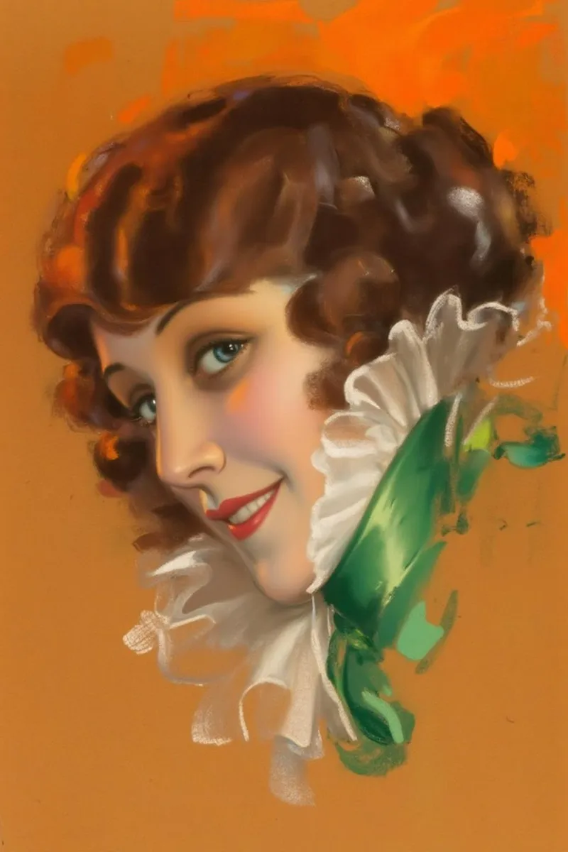 Portrait of a woman with voluminous curls and a warm smile, wearing a decorative white and green ruff collar against an earthy orange background.