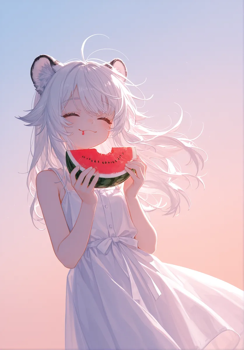 Anime girl with fluffy white tiger ears and long hair wearing a white summer dress, happily eating a slice of watermelon against a pastel gradient sky.