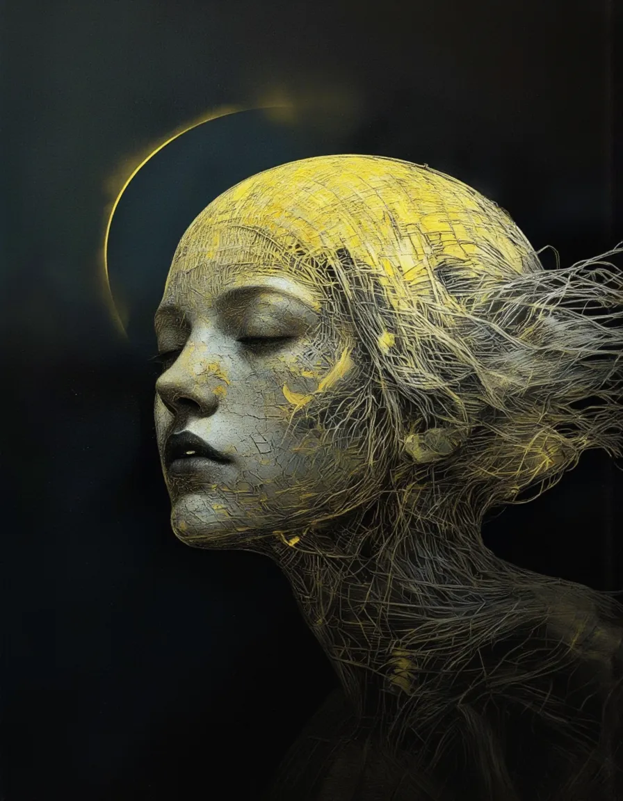 Wire-frame portrait of a woman's face with a glowing yellow halo, featuring intricate lines and textures against a dark gradient background.