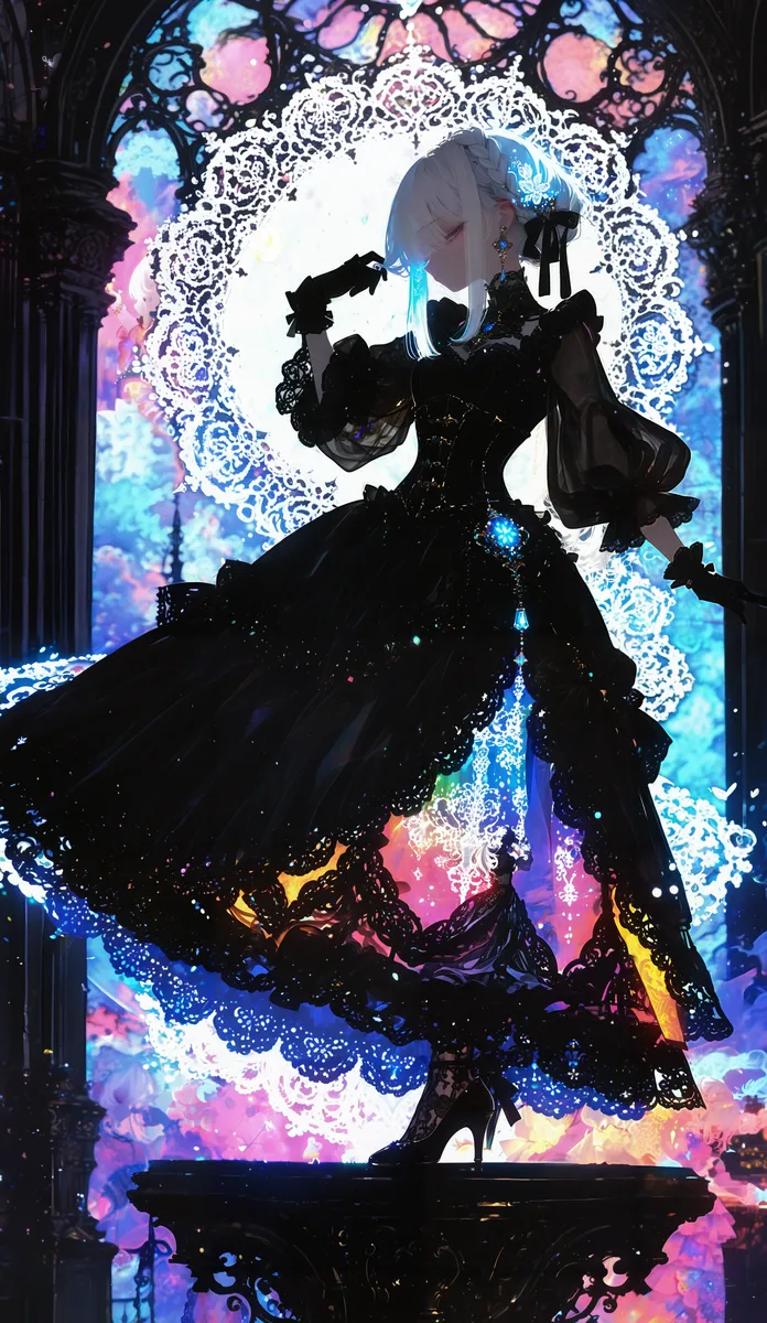 A white-haired woman wearing an intricate black gothic dress with lace and jewel accents stands gracefully in front of a glowing stained glass window, surrounded by dramatic and colorful fantasy lighting.