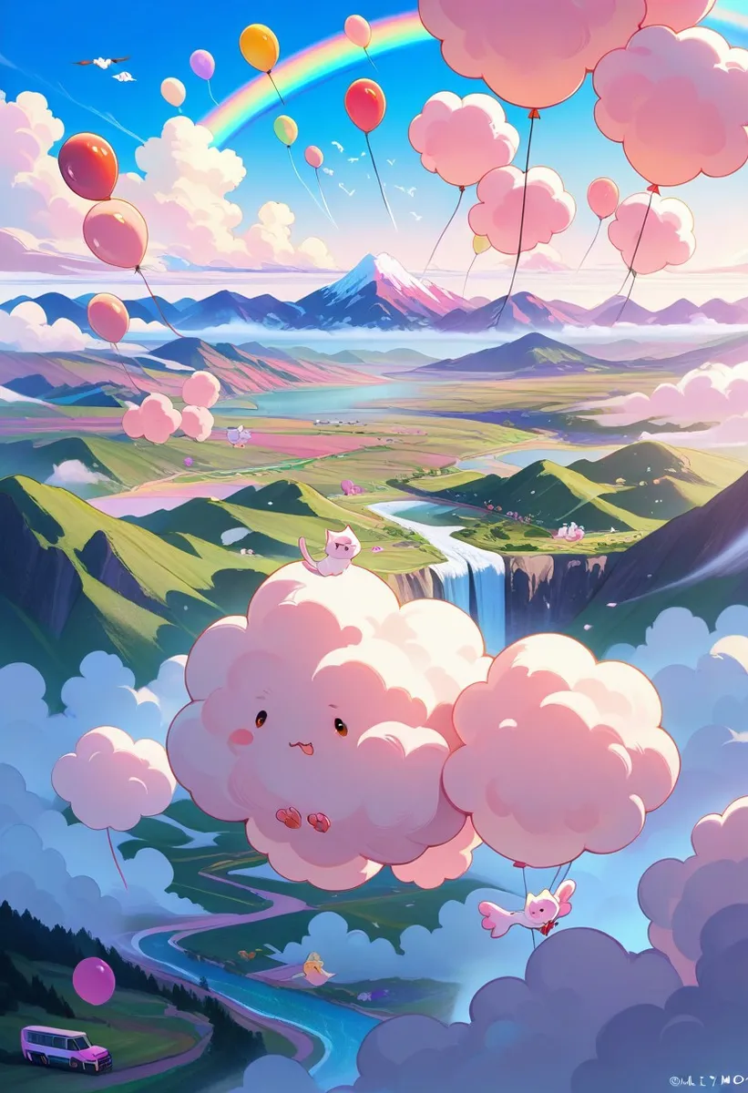 A vibrant cartoon landscape showing cotton candy clouds with a cute cat atop one cloud, colorful balloons floating, a river with a waterfall in a valley surrounded by mountains under a rainbow-filled sky.