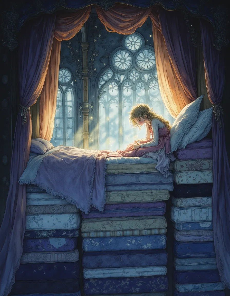 A young princess with tousled blond hair and weary expression sitting on a towering stack of mattresses in a grand canopy bed, bathed in soft morning light streaming through ornate castle windows.