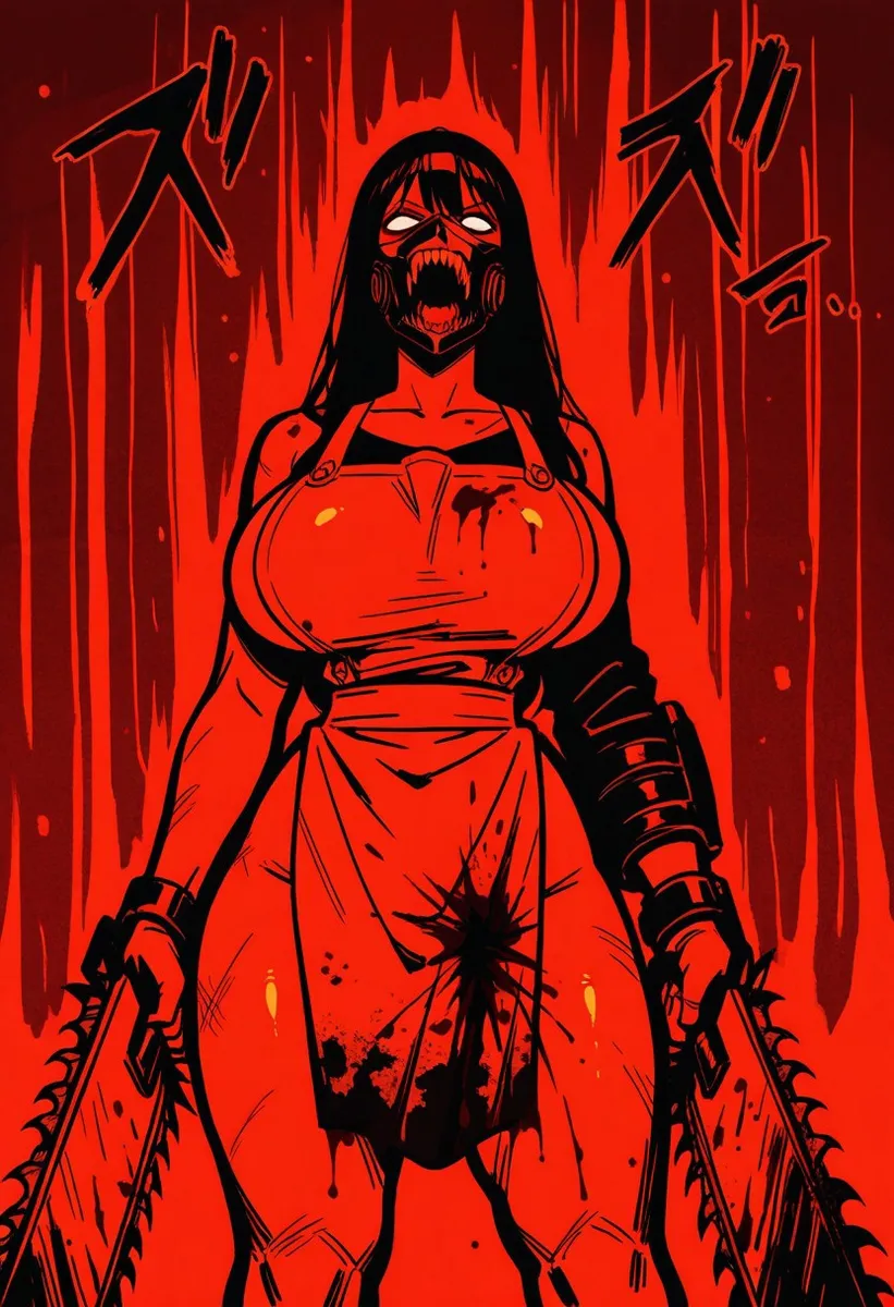 2D flat color illustration of a curvy woman wearing a grotesque Leatherface mask and blood-stained apron, holding chainsaws against a dark red background.