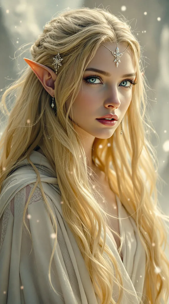 Realistic portrait of a beautiful elf woman with long blonde hair, blue eyes, pointed ears, wearing delicate silver elven jewelry and a flowing white gown.