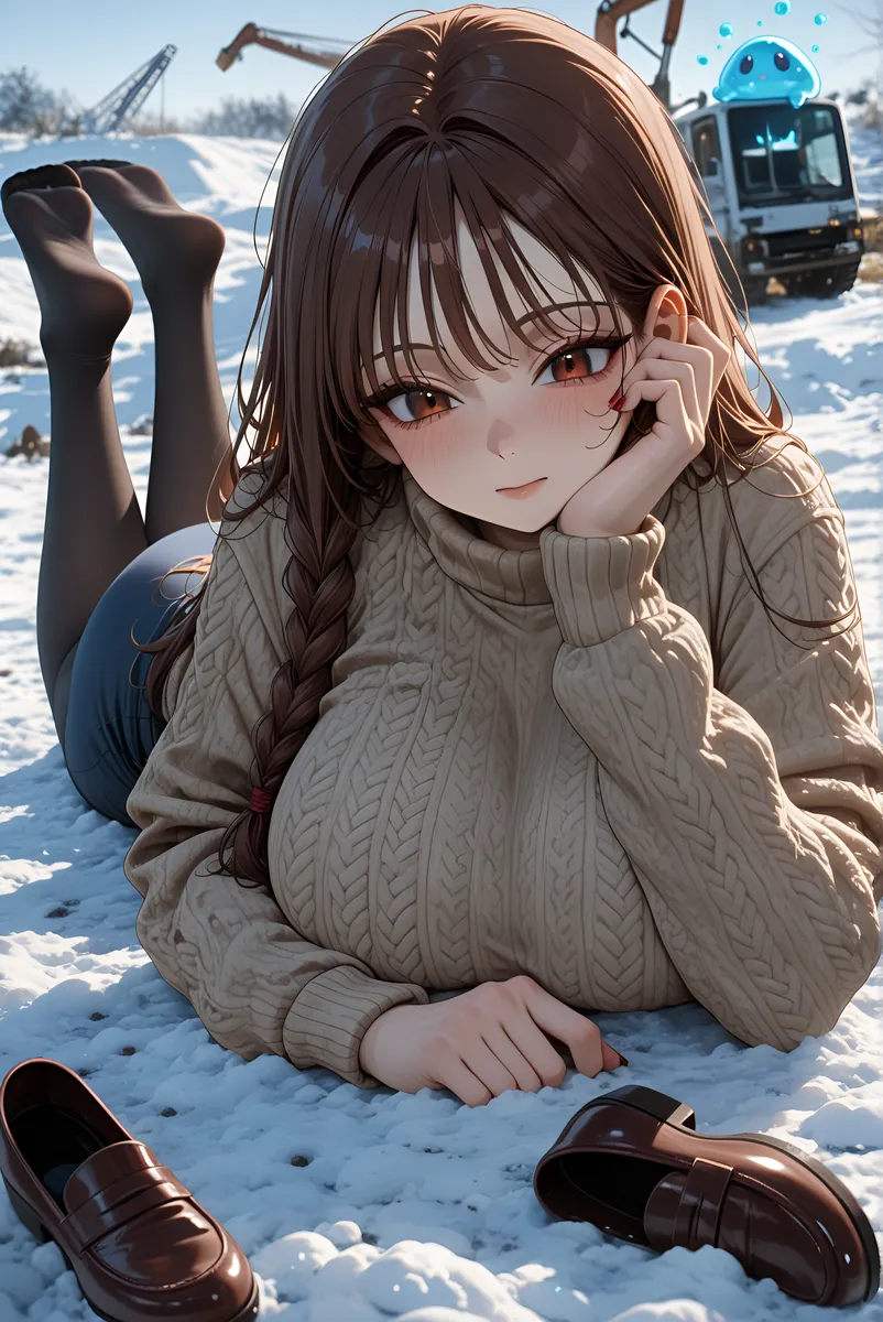 Anime girl with braided brown hair lying barefoot on snow wearing a cable knit sweater and corduroy skirt, with shoes off and an excavator in the background.