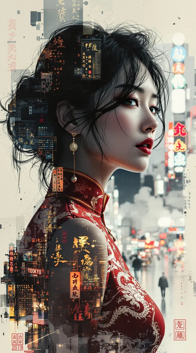Photorealistic double exposure artwork of an Oriental woman wearing a red embroidered cheongsam blending with vibrant Tokyo Chinatown nightscape featuring kanji signs and wet streets.