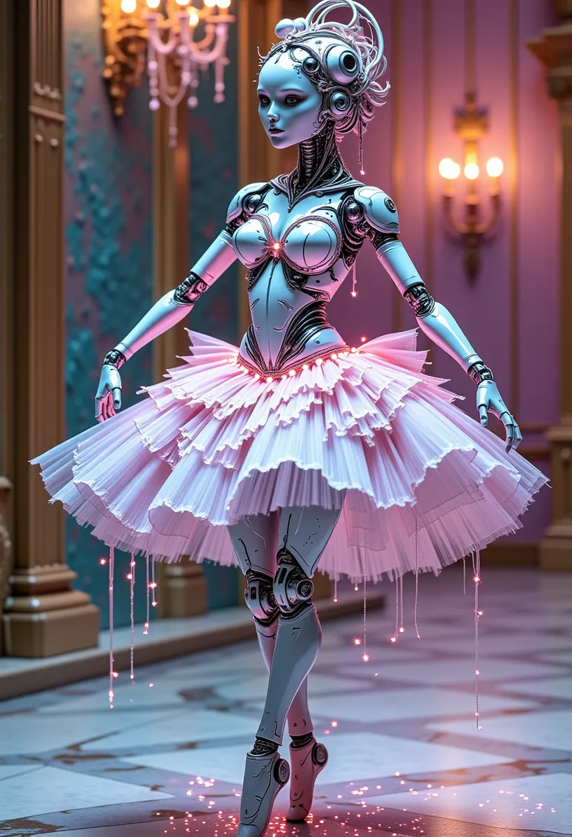 A robotic ballerina with chrome-plated joints and pastel-pink tutu twirling gracefully in a crystal theater illuminated by bioluminescent chandeliers, with LED expressions and a nanothread tutu emitting stardust.