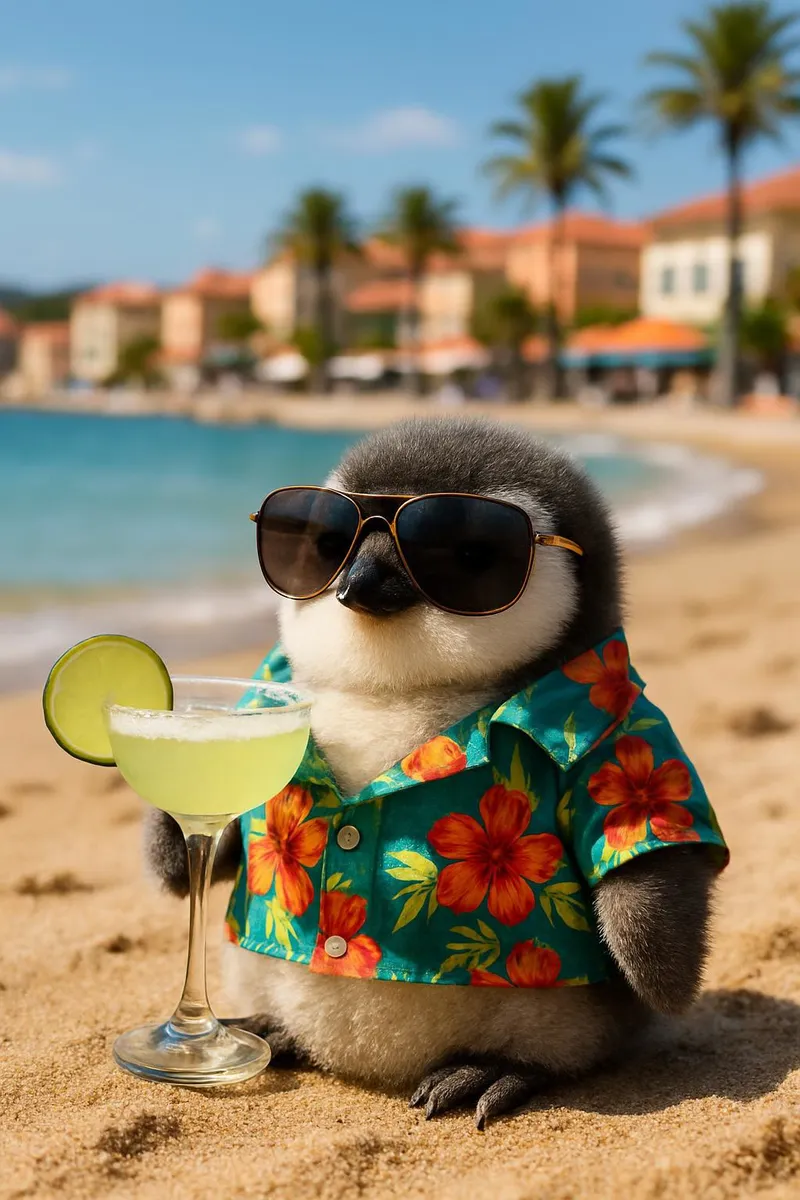 A tiny, fluffy penguin wearing a bright Hawaiian shirt and large sunglasses, holding a margarita with a lime slice on a sandy beach with a resort town in the blurred background.