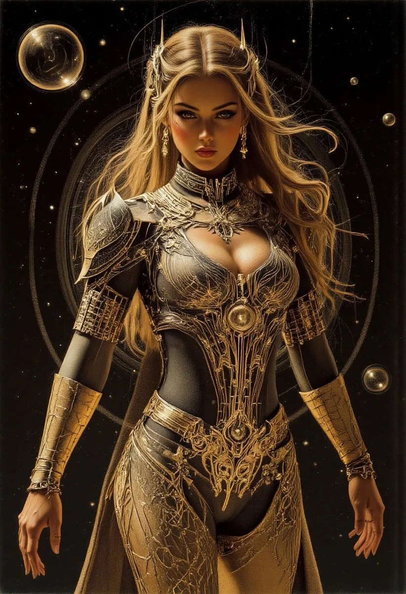 Beautiful woman dressed as a fantasy soldier wearing ornate golden armor with intricate details standing against a black galactic background.