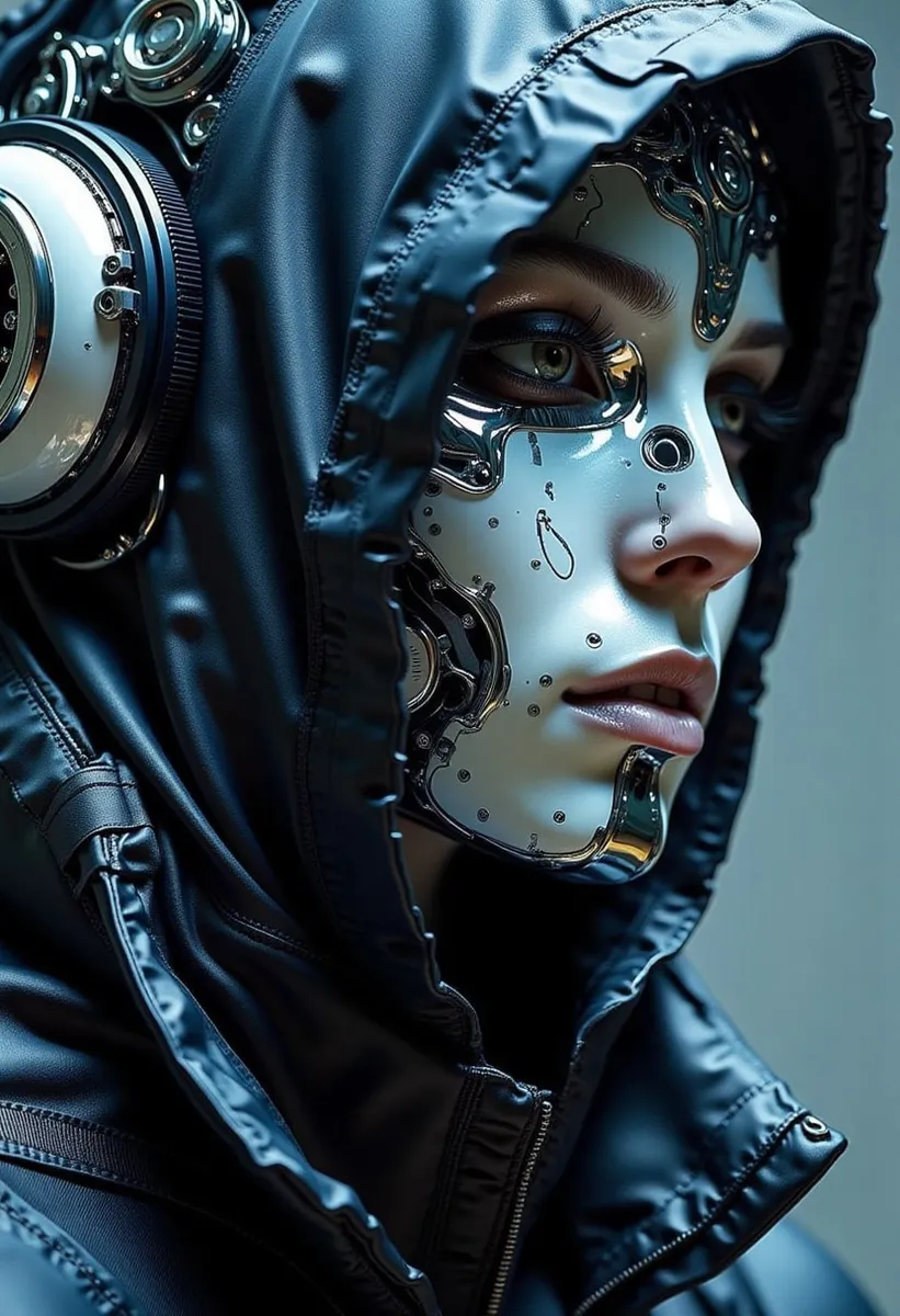 Close-up portrait of a cyberpunk ninja with a metallic robotic face partially covered by a dark hood.