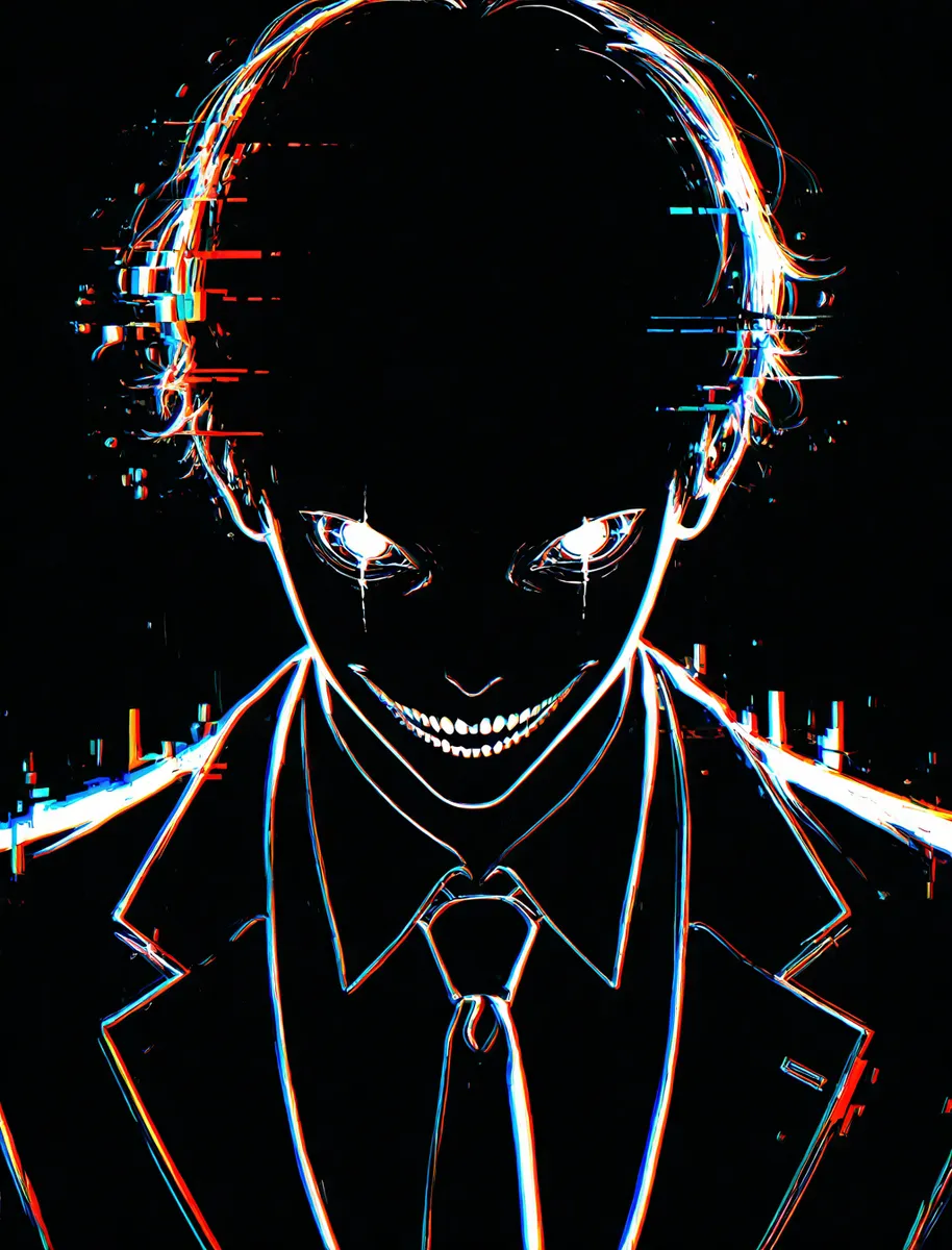 Glitch style black lineart of a boy in a suit with a necktie against a black background, displaying a sinister smile and glowing eyes.