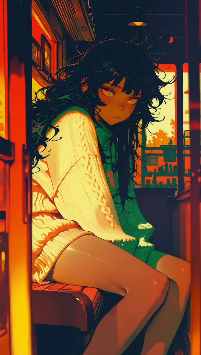 A girl with messy long dark hair sits inside a cafe wearing an oversized cream sweater and bare legs, bathed in warm orange and yellow lighting with a red and yellow themed interior.
