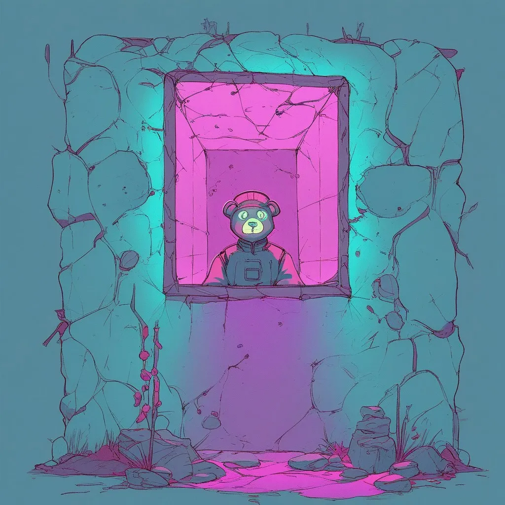 A glowing teddy bear in cyberpunk style framed by a neon-lit stone grotto with pink and teal lighting
