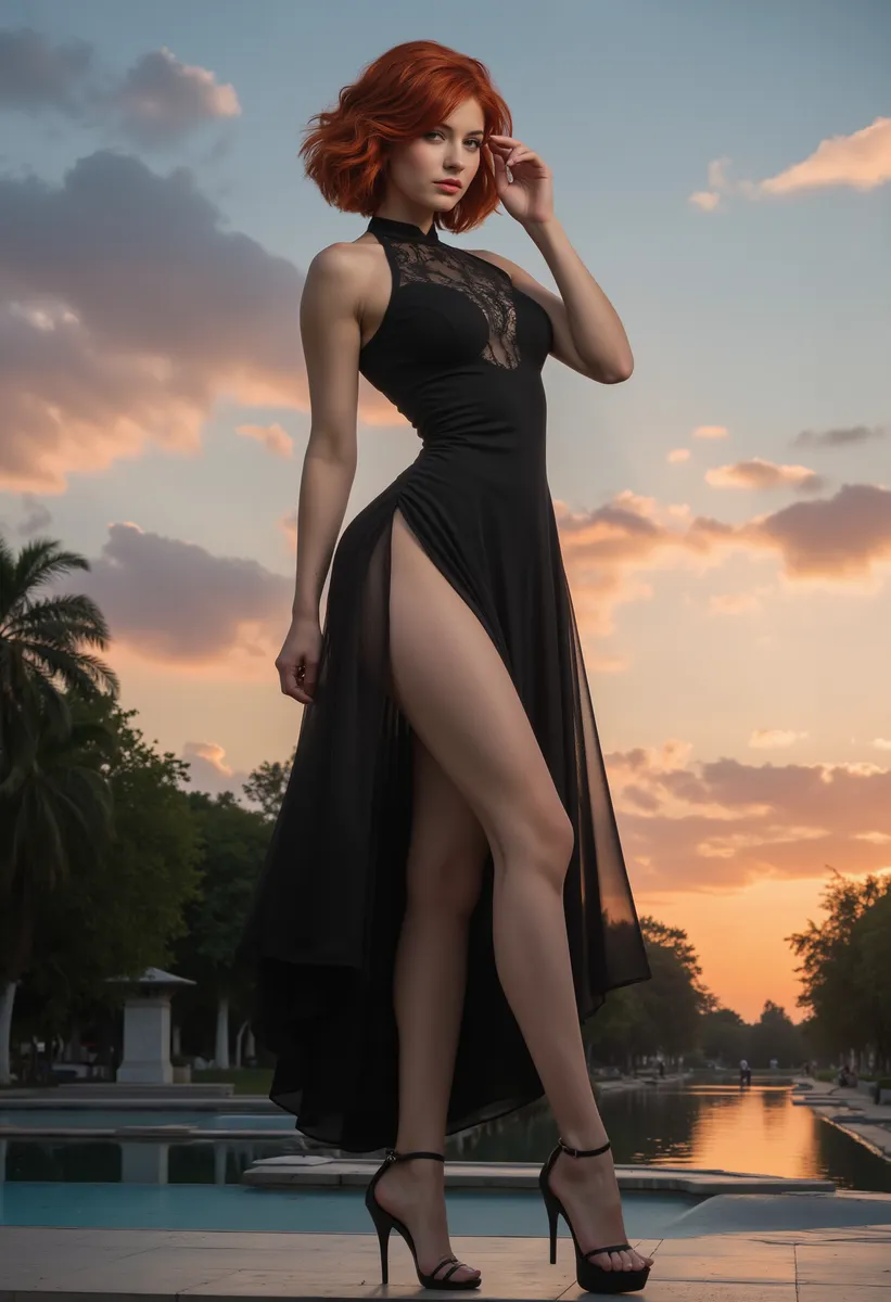 Woman with short red hair wearing a black evening dress with a high slit, posing elegantly at sunset in a park with a reflective water body in the background.