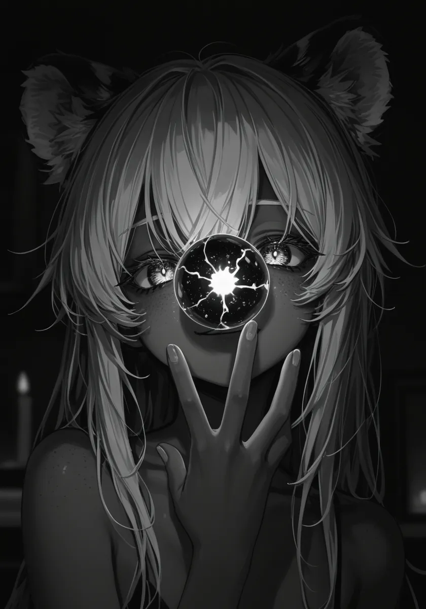 Black and white close-up anime-style image of a human tiger girl holding a glowing cracked orb in front of her face, emphasizing her detailed eyes and tiger ears.