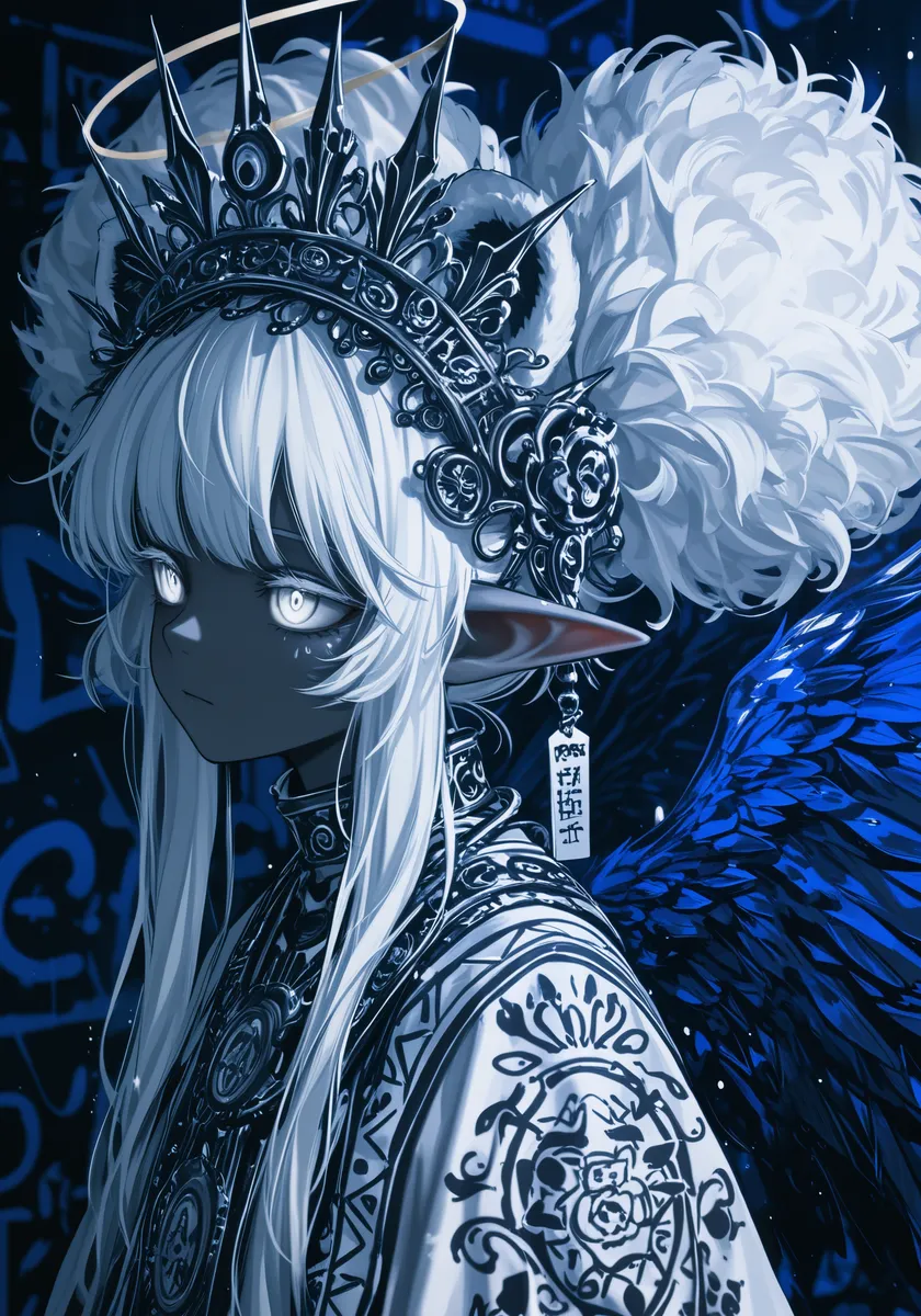 Portrait of an elf girl with long white hair, adorned with an ornate crown and tribal-patterned clothing, featuring blue wings under dramatic monochrome blue lighting.