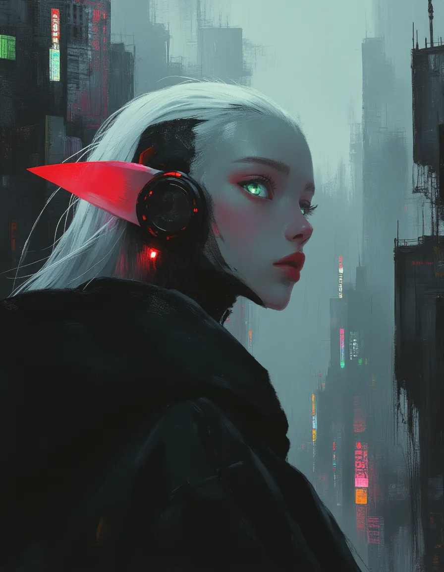 Hyper-realistic painting of a tween elf girl with pale translucent skin, glowing green eyes, and white hair, wearing a black and red robotic body against a foggy cyberpunk city backdrop.