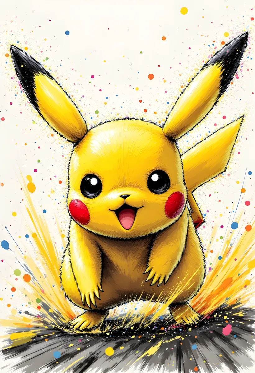Vibrant illustration of Pikachu charging towards the viewer with an aggressive expression, surrounded by colorful particles and motion blur effects.