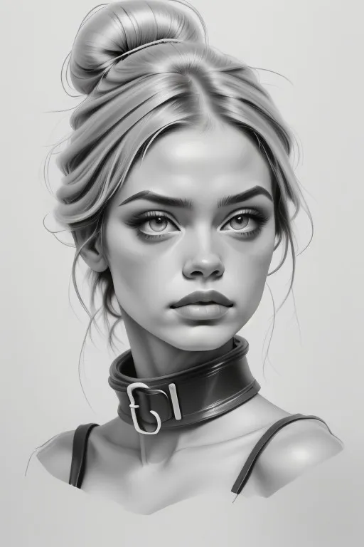 Monochrome portrait of a young woman with blonde hair tied in a hairbun, wearing a wide leather collar, looking at the viewer with detailed facial features.