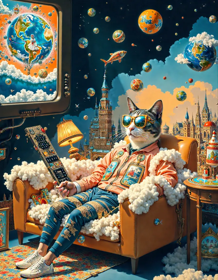An anthropomorphic cat wearing a surreal outfit lounges on a levitating couch surrounded by floating globes representing multiple dimensions, with a retro TV displaying a vibrant Earth scene and a fantasy cityscape in the background.