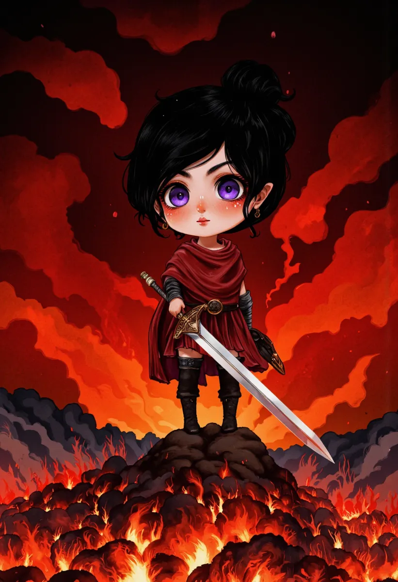 Chibi Amazon warrior with large purple eyes and a red cloak stands on a burning battlefield holding a sword against a dark fiery sky.