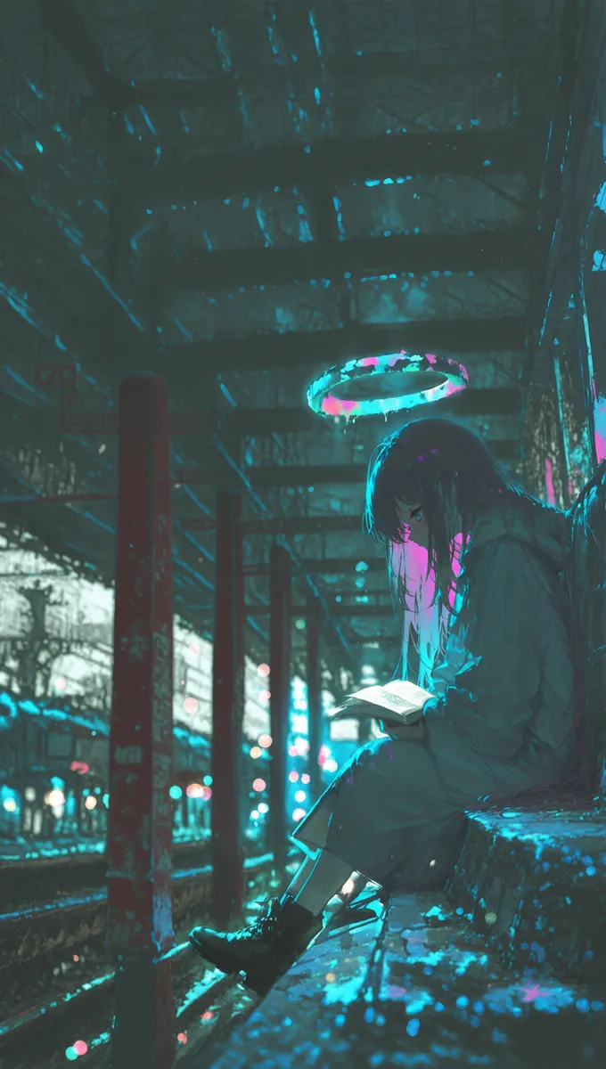 A girl with long flowing hair and a fractured halo sitting and reading in an abandoned train station, illuminated by ambient cold light and colorful bokeh.