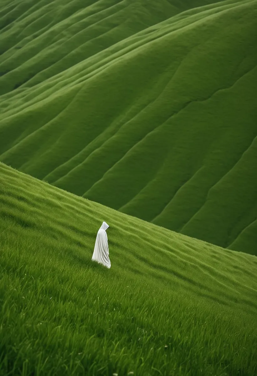 A solitary person dressed in a flowing white garment stands on a lush green hillside with steep slopes and natural contours under soft natural side lighting, photographed using telephoto compression.