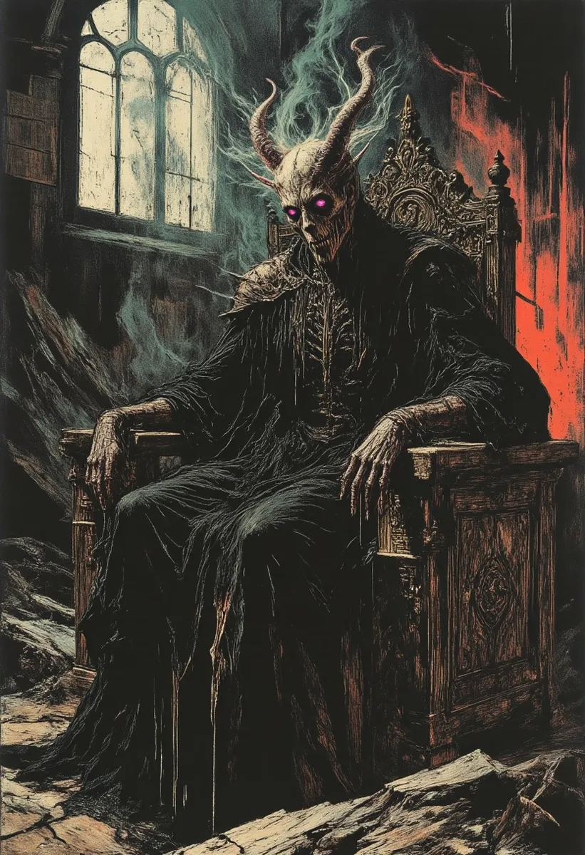 A dark gothic throne adorned with intricate wood carvings hosts a skeletal, horned figure with glowing purple eyes, surrounded by swirling smoke and dim light.