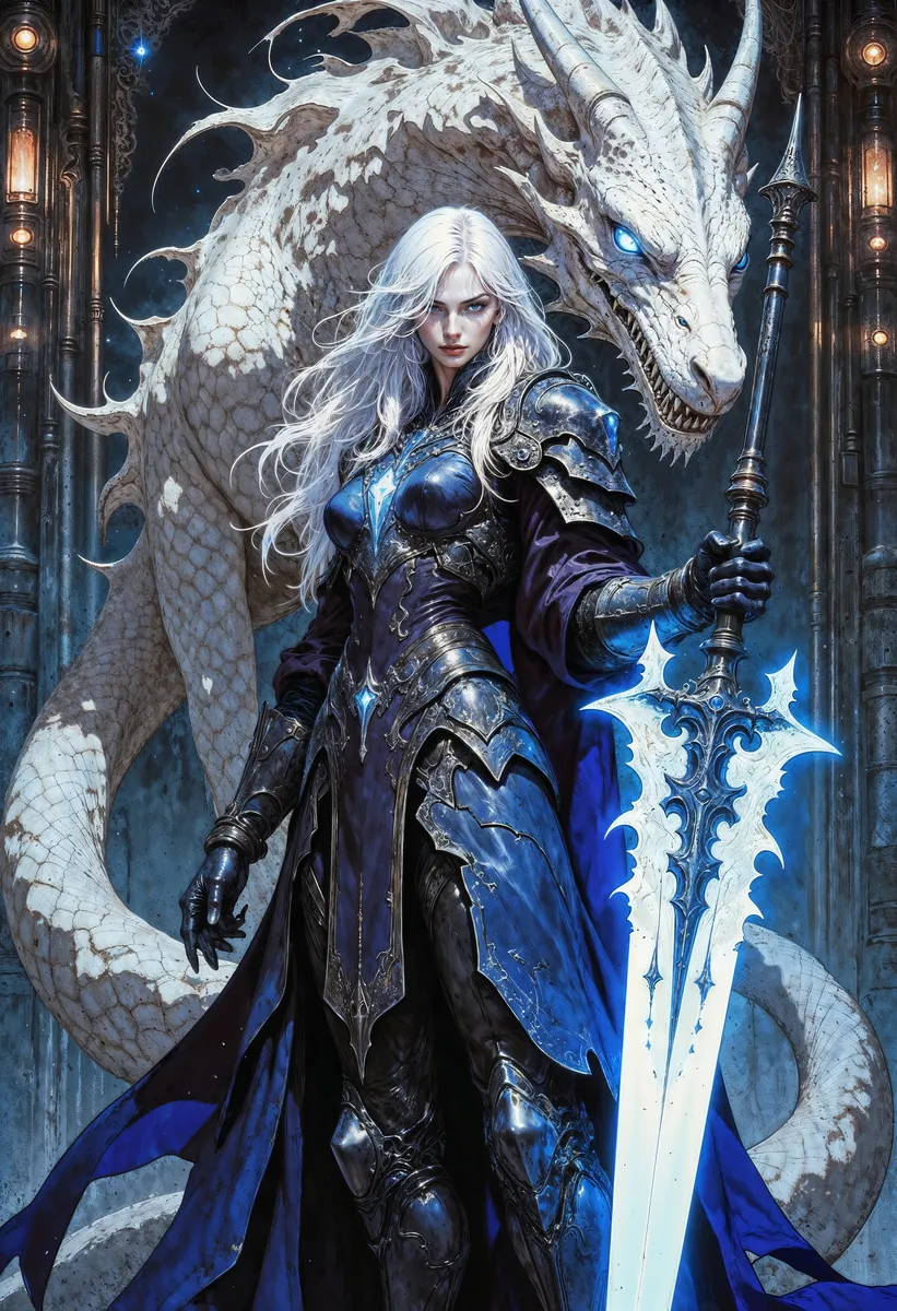 A fierce female warrior with long white hair and blue glowing armor wielding an ornate glowing sword stands protectively in front of a large white dragon with glowing blue eyes.