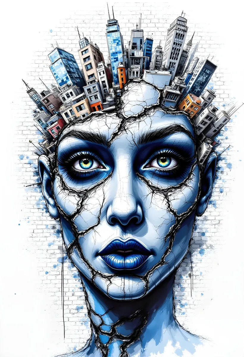 A surreal face with cracked blue skin and detailed eyes, topped with multiple layers of urban buildings, set against a white brick wall background.